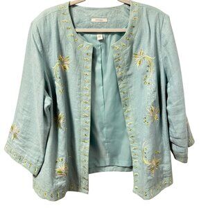 Dressbarn Woman 20W Embroidered Linen Jacket Blue With 3/4 Sleeves